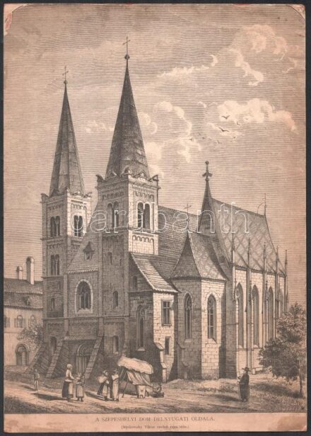 cca 1880 A szepeshelyi dóm délnyugati oldala, Myskovszky Viktor eredeti rajza után, kartonra ragasztott nyomtatvány, foltos, 32×23 cm
