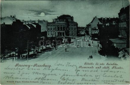 1900 Pozsony, Pressburg, Bratislava; Sétatér és városi színház, villamos. Schmidt Edgar kiadása / Promenade und städt. Theater / street view, theatre, tram (EK)