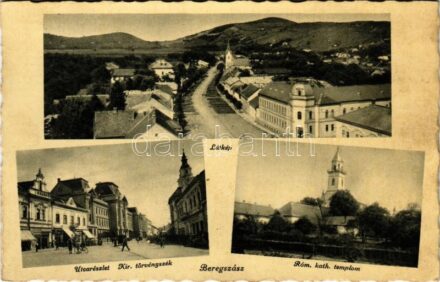 1943 Beregszász, Berehove, Berehovo; látkép, utca, Kir. Törvényszék, Római katolikus templom / general view, street view, court, Catholic church (ázott sarok / wet corner)