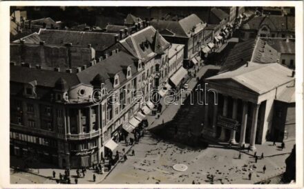 1943 Szabadka, Subotica; látkép, színház, Farkas, Sibalits üzlete / general view, theatre, shops (szakadás / tear)