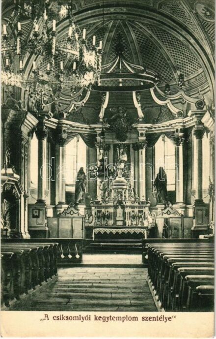 Csíksomlyó, Sumuleu Ciuc; Kegytemplom szentélye, belső. Kiadja Gust és Puskás fényképészete / Maria miraculoasa / pilgrimage church, interior (EK)
