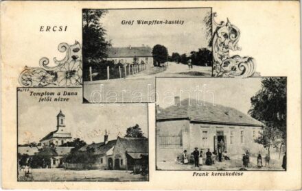 Ercsi, Gróf Wimpffen kastély, templom a Duna felől nézve, Frank kereskedése, üzlet. Art Nouveau (Rb)