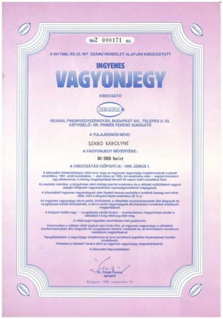 Budapest 1990. 'Reanal Finomvegyszergyár' névre szóló ingyenes vagyonjegye, 50.000Ft-ról T:I