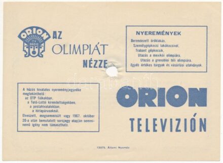 1967. 'Olimpiai Sorsjegy Mexikó 1968' lyukasztással érvénytelenítve T:I-,II