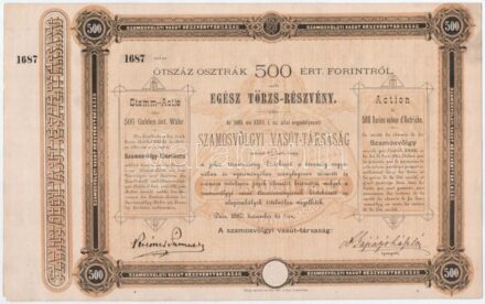 Deés 1880. 'Szamosvölgyi Vasút-Társaság' egész törzsrészvénye 500Ft-ról, magyar, osztrák és francia nyelven, szárazpecséttel és szelvényekkel T:II