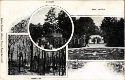1912 Garamszentkereszt, Sväty Kríz nad Hronom, Ziar nad Hronom; tó, kerti pavilon, Remete lak. Anderle Kálmán kiadása / lake, garden pavilion, hermit house. Art Nouveau, floral (fl)
