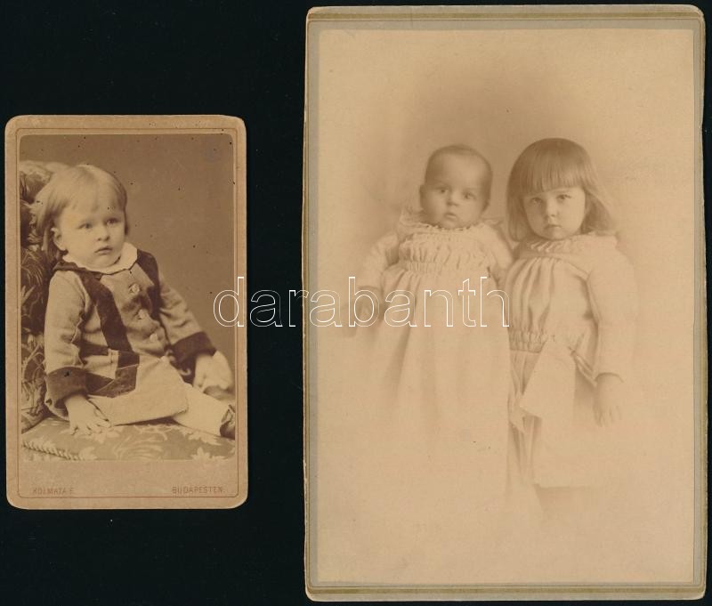 cca 1880-1900 Kisgyermekek keményhátú portréi, 2 db Circovich és Kozmata műterméből, 10,5×6,5 és 16×10,5 cm