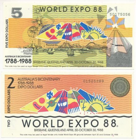 Ausztrália 1988. 2 Expo Dollár + 5 Expo Dollár 'Világkiállíás 1988' T:I- Australia 1988. 2 Expo Dollars + 5 Expo Dollars 'World Expo 88' C:AU