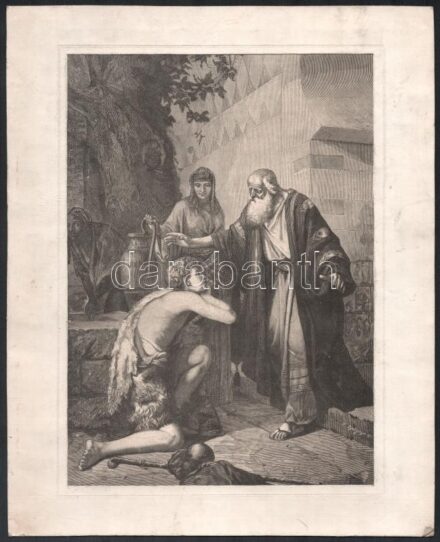 cca. 1900 Olvashatatlan jelzéssel: Bibliai jelenet. Rézmetszet, papír. Foltokkal. 23,5x17cm