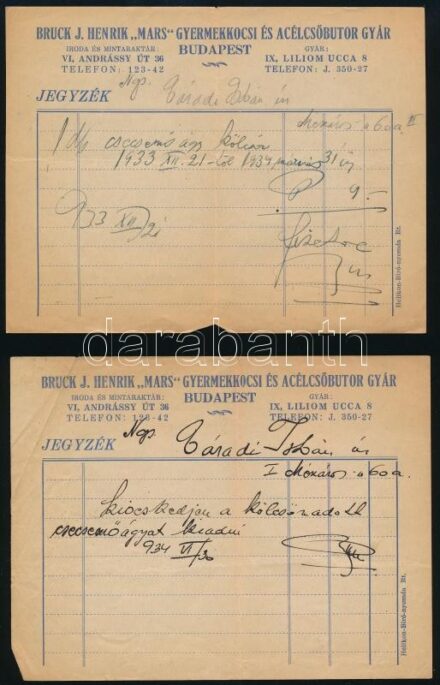 1934 Bp., Bruck J. Henrik Fémbútor- és Gyermekkocsigyára, Mars gyermekkocsik képes ismertetője, kissé sérült + 3 db fejléces számla ill. szállítólevél, eredeti, sérült borítékban