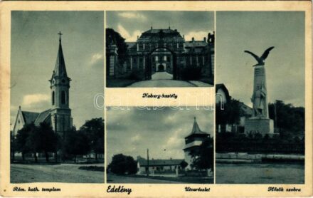 1938 Edelény, Koburg kastély, Római katolikus templom, Hősök szobra, emlékmű, utca, Országzászló (EK)