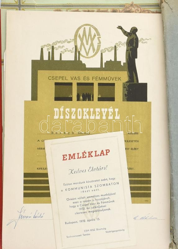 cca 1970-1980 Csepel Vas- és Fémművek 10 db oklevél, emléklap, ill. hivatalos levél + egy komplett személyi akta, káderlap, ritka! - Image 2