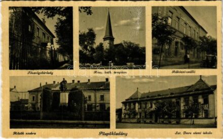 Püspökladány, Főszolgabíróság, Római katolikus templom, Rákóczi szálloda, Hősök szobra, emlékmű, Szent Imre elemi iskola (gyűrődés / crease)