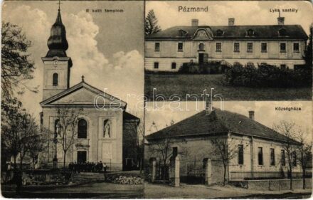 1929 Pázmánd, Római katolikus templom, Községháza, Lyka kastély. Madocs Mihály kiadása (Rb)