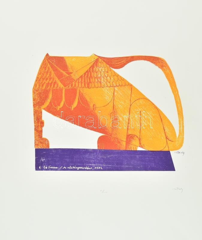 Székely Pierre (1923-2001): Nőstény oroszlán. Színes litográfia, papír, jelzett, számozott (66/100). Az 1982-ben megjelent Kőcirkusz mappából. Lapméret: 70×50 cm / Pierre Szekely (1923-2001): Lion. Lithography, paper, signed and