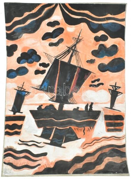 Scheiber H jelzéssel: Vitorlások. Vegyes technika, papír, kartonra kasírozva, foltos, vetemedett, 60×42 cm