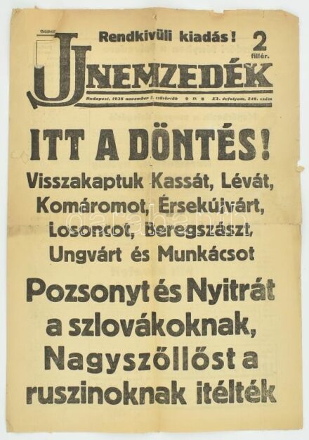 1938. nov. 3. Felvidék visszacsatolását hirdető Új Nemzedék különszám, kézírásos feljegyzéssel, szakadással