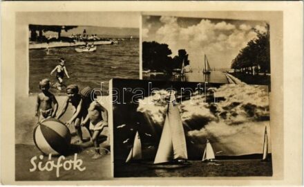 1954 Siófok, strand, fürdőzők, vitorlások. Képzőművészeti Alap Kiadóvállalat