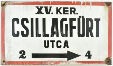Retro XV. ker. Csillagfű utca fém zománc utcatábla, kopott, sarkaiban sérült, foltos, hátulja rozsdás, 40x70 cm