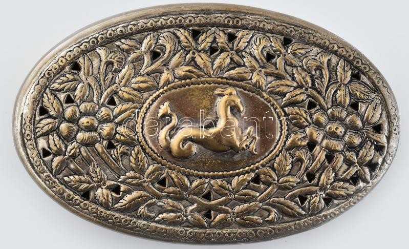 Ezüstözött fém áttört ékszeres doboz, florális és hippokamposz motívummal, benne vegyes bizsuk. 8,5x14cm - Image 2