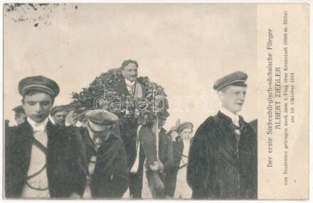 1913 Brassó, Kronstadt, Brasov; Der erste Siebenbürgisch-sächsische Flieger Albert Ziegler / Az első erdélyi szász pilóta Albert Ziegler fogadása a repülés után, Jos. Drotleff kiadása / the first Transylvanian Saxon pilot after his