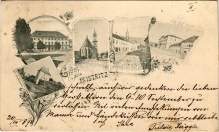 1898 (Vorläufer) Beszterce, Bistritz, Bistrita; Gimnázium, templom, utca, régi várfal / Gymansium, Alte Stadtmauer, Kirche / grammar school, church, street, old city wall. Art Nouveau, floral