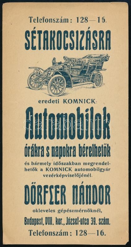 Sétakocsikázásra automobilok Dörfer Nándor Bp. VIII. szórólap