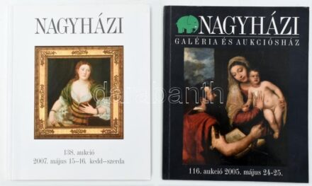 Nagyházi Galéria 2 db árverési katalógusa: Régi mesterek, 19. és 20. századi festmények, grafikák, szobrok árverése. 116., 138. aukció. Bp., 2005-2007, Nagyházi Galéria és Aukciósház. Gazdag képanyaggal illusztrálva. Kiadói