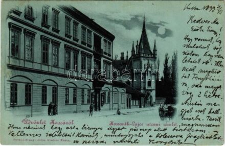 1899 (Vorläufer) Kassa, Kosice; Kossuth Lajos utcai részlet, üzlet, Jakab palota. Szent-Istványi Júlia kiadása / street view, shop, palace