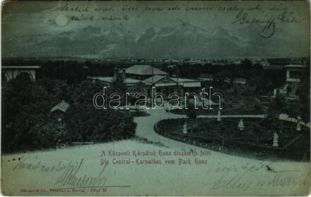 1900 Poprád (Magas-Tátra, Vysoké Tatry), Huszpark kávéház, Központi Kárpátok a Husz díszkertje felől / Die Central-Karpathen vom Park Husz / park, café (EB)