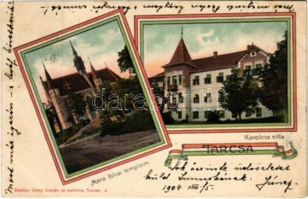 1904 Tarcsa, Tatzmannsdorf; Mária falvai templom, Karolina villa. Szecessziós magyar zászlós montázs / Kirche, Villa / church, villa. Art Nouveau, Hungarian flag