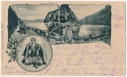 1902 Orsova, Kazán-szoros, Bego Mustafa. Jäger Alfred kiadása / Kasanpartie, Kasaneingang / Cazane / gorge, Turkish man. Art Nouveau, floral (kis szakadások / small tears)
