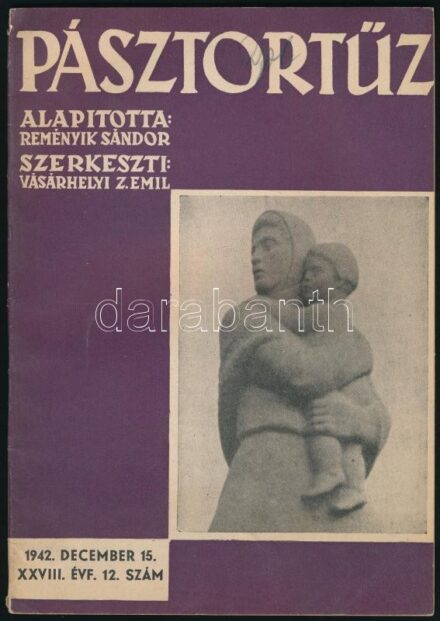 1942 Pászortűz folyóirat XXVIII. évf. 5 száma (1.,2.,4., 9., 15.) Alapította: Reményik Sándor. Szerk.: Vásárhelyi Z. Emil. A gerinceken kis szakadásokkal, kis kopásnyomokkal, de egyébként jó állapotban.