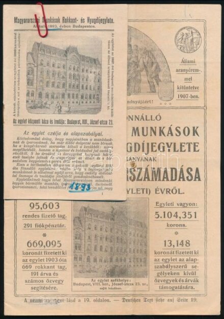 1909 Magyarországi Munkások Rokkant- és nyugdíjegylete beszámolója, ismertetője 32 p + 16 p.