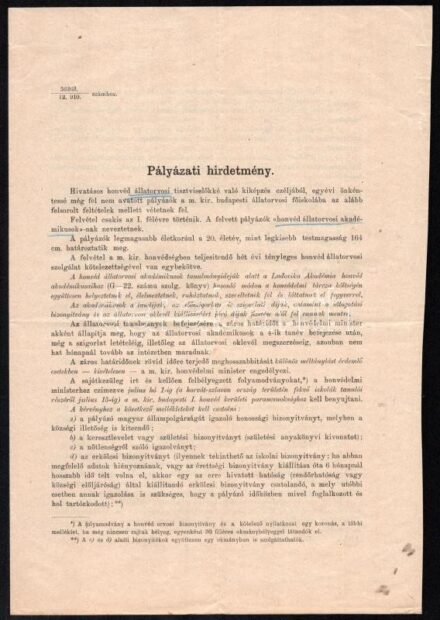 1910 Honvéd állatorvosi képzés hirdetménye 4 p.