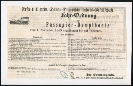 cca 1860 3 db DDSG gőzhajó és tiszai hajó, hajózási menetrend újság kivágásokon kartonon Mátyás király, Zrínyi,