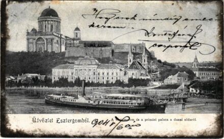 1904 Esztergom, a vártemplom és a prímási palota a dunai oldalról, hajóállomás, 'BUDAPEST' gőzhajó. Gregor Fischer (Innsbruck) 1214. (fl)
