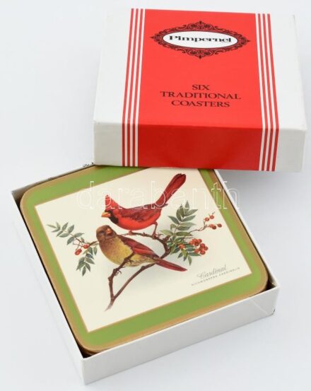 6 db angol poháralátét, madaras motívumokkal (aranycsíz, vörösbegyű kékmadár, skarláttangara, narancstrupiál, kanadai cinege, vörös kardinálispinty) Dobozban, 10,5x10,5cm