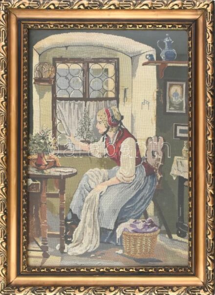 Nagyméretű tűgobelin kép, dekoratív, kissé sérült, üvegezett keretben, 67x49 cm