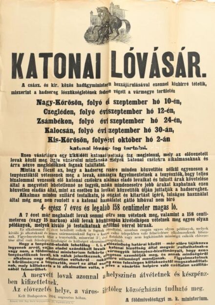 1896 Katonai lóvásár nagyméretű plakátja 49x58 cm. hajtogatva, korabeli ragasztással 45x65 cm