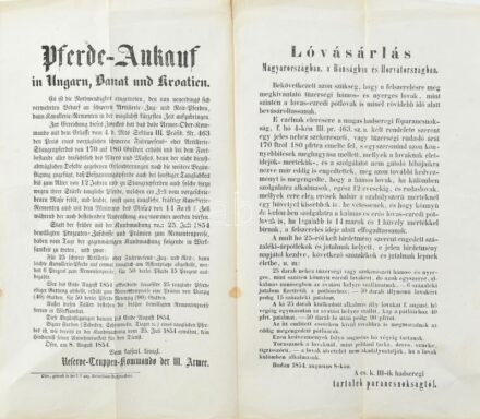 1854 A III. hadsereg lóvásárlási hirdetménye kétnyelvű plakát 39x41 cm