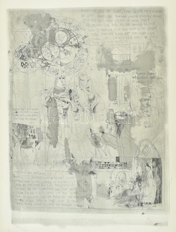 Würtz Ádám (1927-1994): Shakespeare illusztráció (Rómeó és Júlia V.), rézkarc-akvatinta, jelzés nélkül, jó állapotban, 40x30 cm
