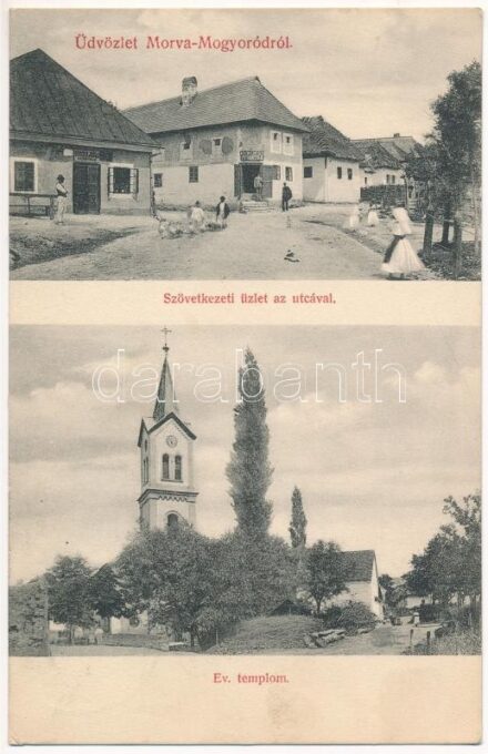 1910 Morvamogyoród, Moravské Lieskové; Evangélikus templom, Szövetkezeti üzlet, utca, Singer Jónás vendéglője / street, Lutheran church, cooperative shop, restaurant