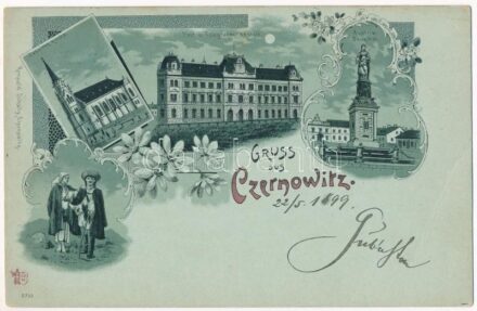 1899 (Vorläufer) Chernivtsi, Czernowitz, Cernauti, Csernyivci; Austria Denkmal, Jesuiten Kirche, Post u. Telegrafen Anstalt / statue, church, post and telegraph office, folklore. Romuald Schally Art Nouveau, floral, litho