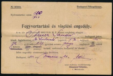 1924 Fegyvertartási viselési engedély