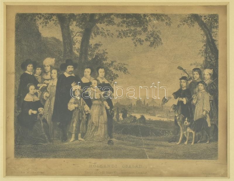 Aelbert Cuyp (1620-1691) után metszette Wilhelm Woernle (1849-1916): Hollandi család, 1880-90 körül. Acélmetszet, papír, jelzett a metszeten. Kiadja az Orsz. Magy. Képzőművészeti Társulat. Kissé sérült, foltos, kopott. Üvegezett, - Image 2