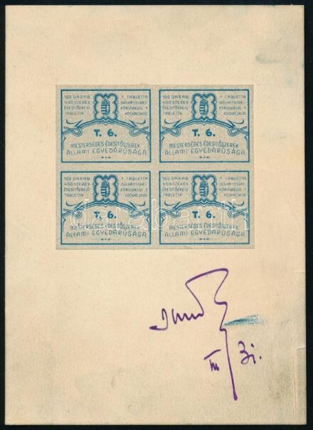 cca 1930 Mesterséges édesítőszer zárjegy négyestömb nyomdai jóváhagyó minta