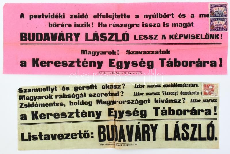 cca 1925 2 db antiszemita választási plakát Keresztény Egység Tábora 46x15 cm