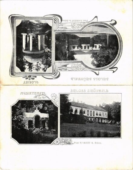 Jinosov, Jeneschau (Namiest bei Brünn, Námest nad Oslavou); Schloss Schönwald, Musiktempel, Gloriet / castle, music temple. Art Nouveau, floral - 2-tiled folding
