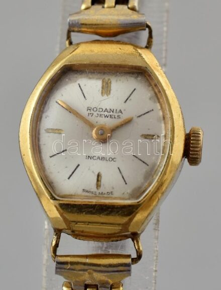 Rodania női karóra, mechanikus szerkezettel, analóg kijelzős, működik, kopott, karcos, fém szíjjal, d: 17mm